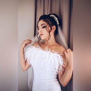 Bridal floor length gown with feathers, Elegant wedding bodycon dress, white